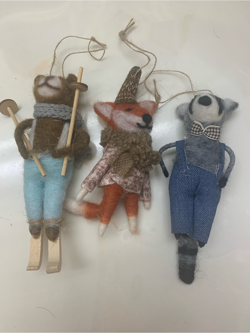 Wool Felt Animal Ornaments - Fox, Skiing Bear, and Raccoon